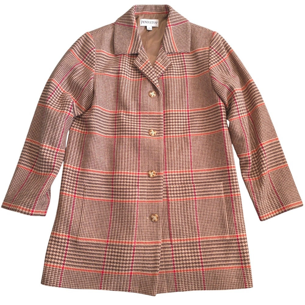 Pendleton Womens XL Tan Brown Glen Plaid Merino Wool Blend Blazer Coat Jacket